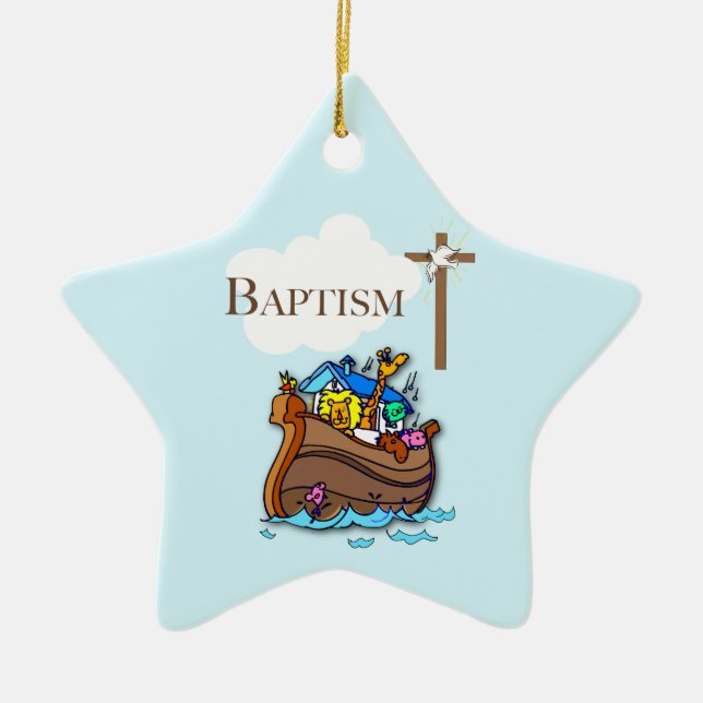Customizable, Baby Boy Baptism Noah's Ark Ceramic Ornament (Front)