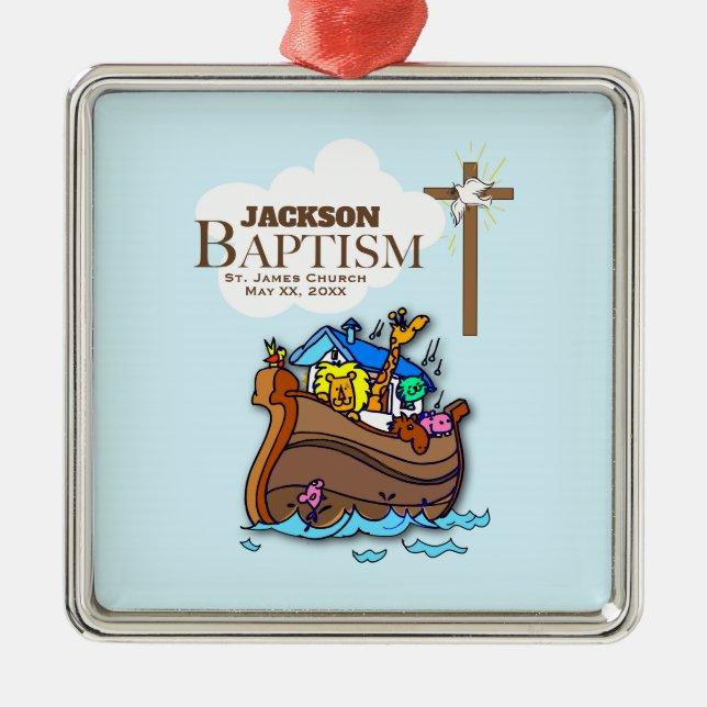 Customizable, Baby Boy Baptism Noah's Ark Metal Ornament (Front)