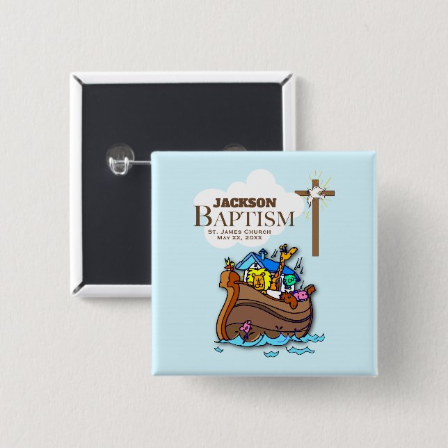 Customizable, Baby Boy Baptism Noah's Ark Pinback Button (Front & Back)