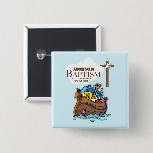 Customizable, Baby Boy Baptism Noah's Ark Pinback Button