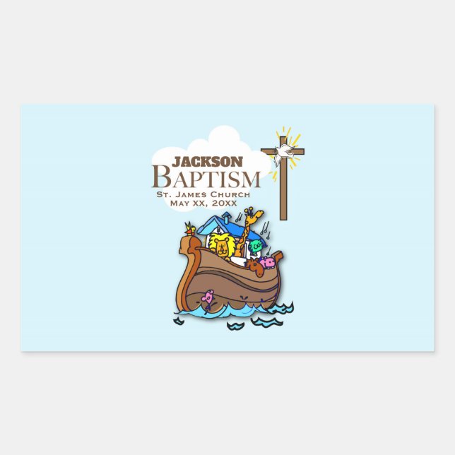 Customizable, Baby Boy Baptism Noah's Ark Rectangular Sticker (Front)
