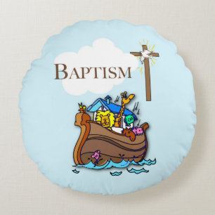Customizable, Baby Boy Baptism Noah's Ark Round Pillow