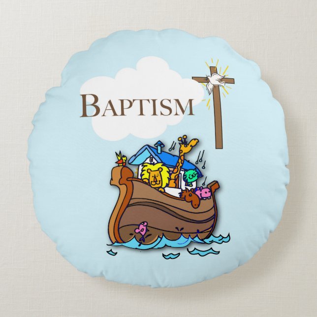 Customizable, Baby Boy Baptism Noah's Ark Round Pillow (Front)