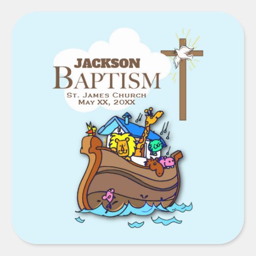 Customizable Baby Boy Baptism Noahs Ark Square Sticker