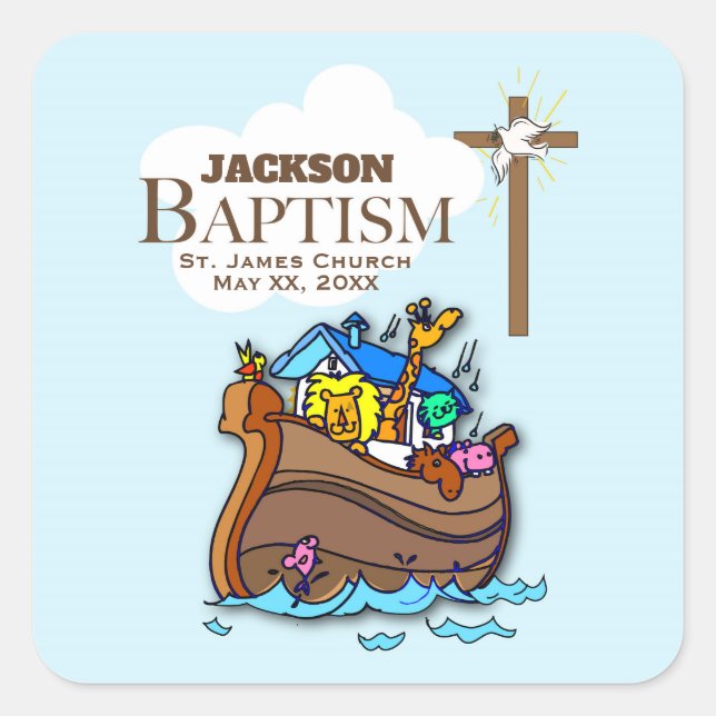 Customizable, Baby Boy Baptism Noah's Ark Square Sticker (Front)