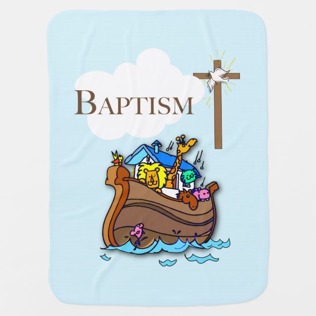 Customizable, Baby Boy Baptism Noah's Ark Swaddle Blanket (Front)