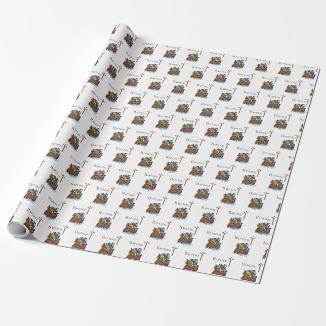 Customizable, Baby Boy Baptism Noah's Ark Wrapping Paper (Unrolled)