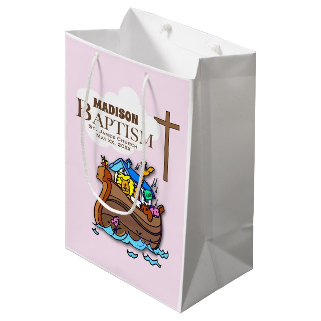 Customizable, Baby Girl Baptism Noah's Ark Medium Gift Bag (Front Angled)
