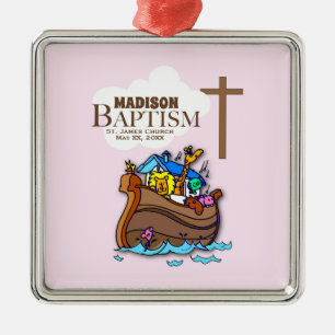 Customizable, Baby Girl Baptism Noah's Ark Metal Ornament