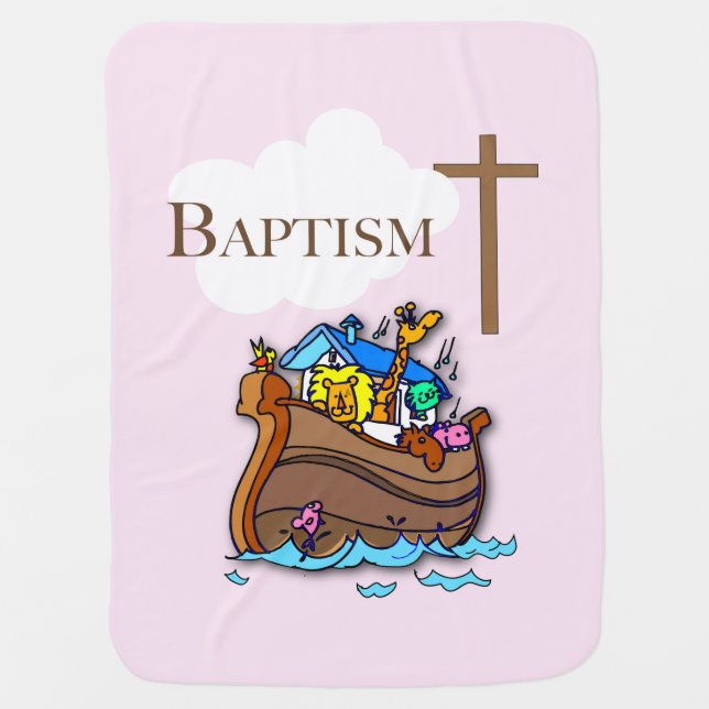 Customizable, Baby Girl Baptism Noah's Ark Receiving Blanket (Front)