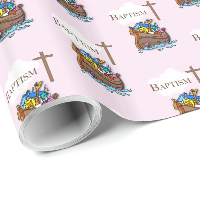 Customizable, Baby Girl Baptism Noah's Ark Wrapping Paper (Roll Corner)