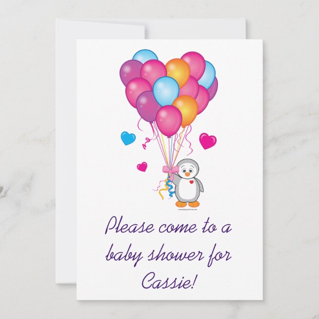 Customizable Baby Shower Penguin with Balloons Invitation (Front)
