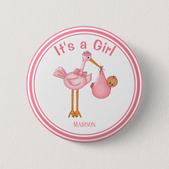 Customizable Baby Shower Stork Baby Girl Button (Front)