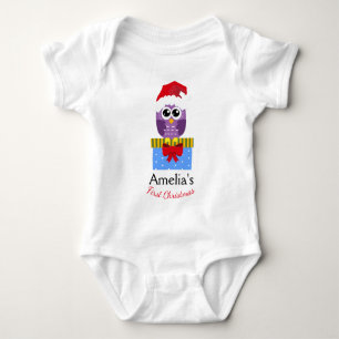 Customizable Baby's First Christmas Purple Owl Baby Bodysuit