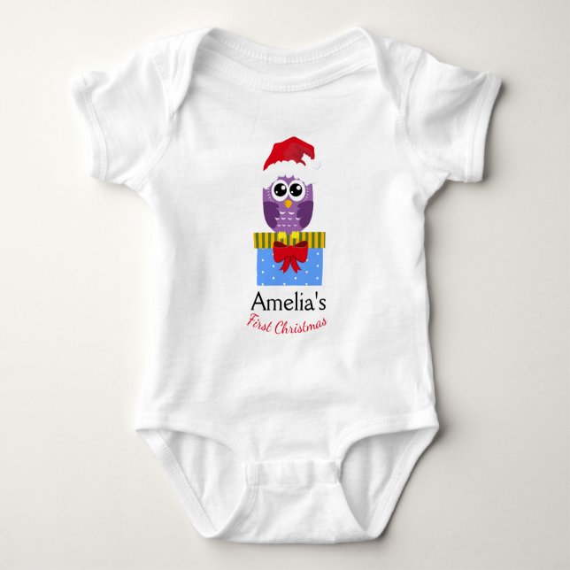 Customizable Baby's First Christmas Purple Owl Baby Bodysuit (Front)