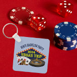 Customizable Bachelor Party Las Vegas Trip Casino Keychain<br><div class="desc">Customize your own bachelor party keychains for a Las Vegas trip. A cool personalized keychain featuring gambling casino staples such as a deck of cards,  poker chips,  and roulette wheel with Vegas Trip in yellow script. Fun gambler getaway keepsake gift for your groomsmen and best man.</div>