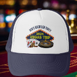 Customizable Bachelor Party Las Vegas Trip Casino Trucker Hat<br><div class="desc">Customize your own bachelor party trip hats for a Las Vegas getaway. A cool hat featuring gambling casino staples such as a deck of cards,  poker chips,  and roulette wheel with Vegas Trip in yellow script. Fun gambler gifts for your whole group.</div>