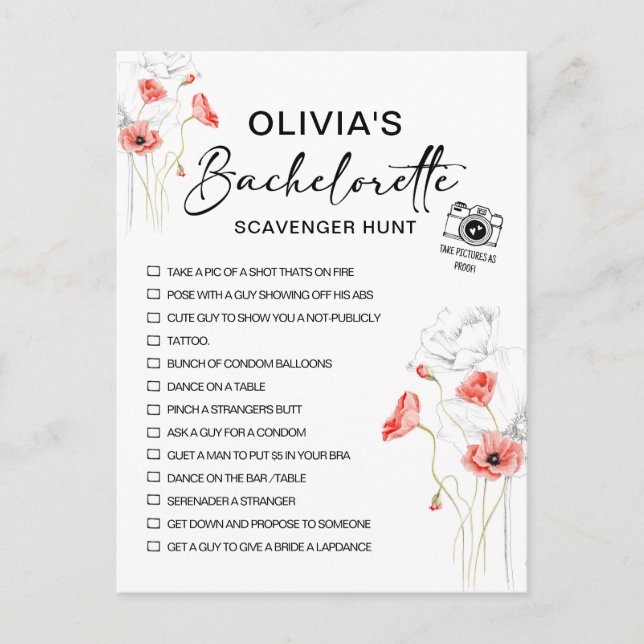 Customizable Bachelorette Scavenger Painted Flower Holiday Postcard (Front)