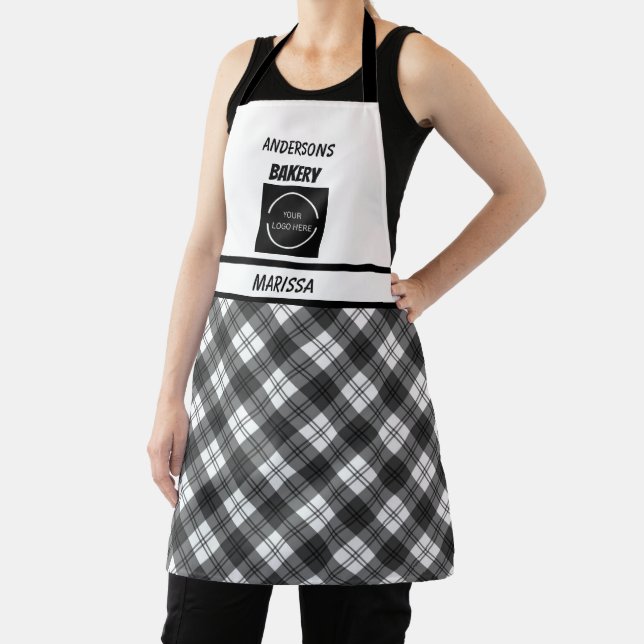 Customizable Bakery logo Black & White Plaid  Apron (Insitu)