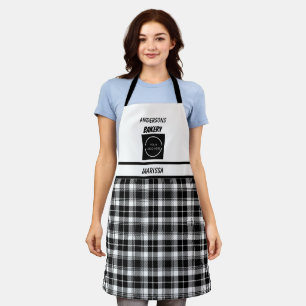 Customizable Bakery logo Name Black & White Plaid Apron