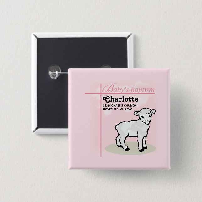 Customizable, Baptism, Pink, Girl, Lamb Button (Front & Back)