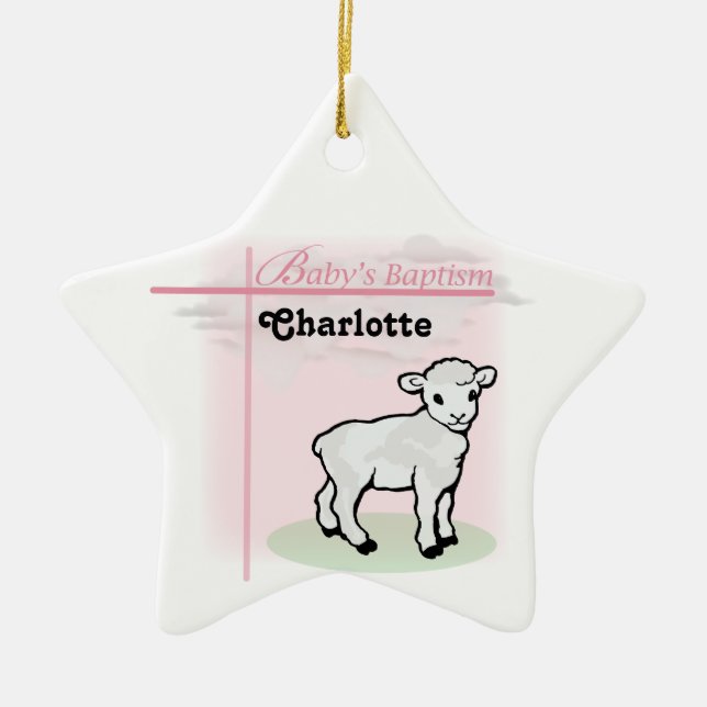 Customizable, Baptism, Pink, Girl, Lamb Ceramic Ornament (Front)