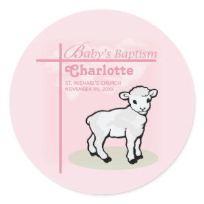 Customizable, Baptism, Pink, Girl, Lamb Classic Round Sticker