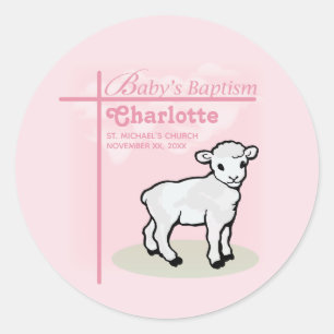 Customizable, Baptism, Pink, Girl, Lamb Classic Round Sticker