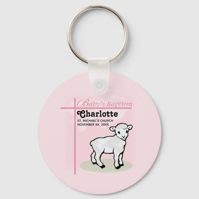 Customizable, Baptism, Pink, Girl, Lamb Keychain (Front)