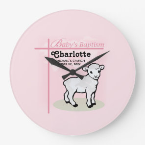 Customizable, Baptism, Pink, Girl, Lamb Large Clock