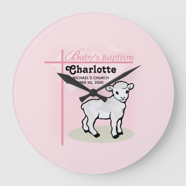 Customizable, Baptism, Pink, Girl, Lamb Large Clock (Front)