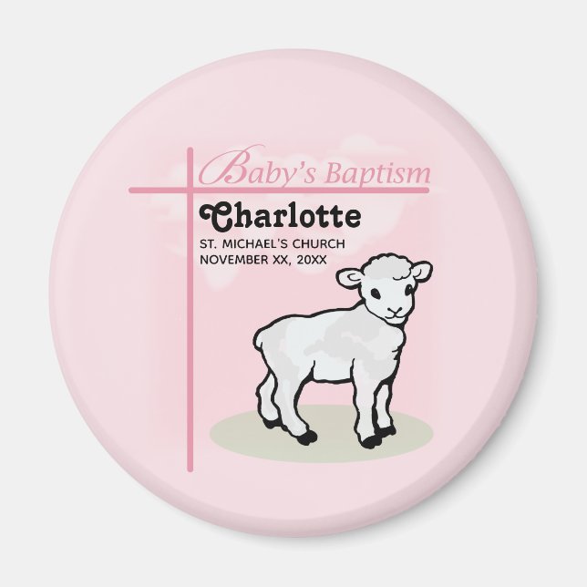 Customizable, Baptism, Pink, Girl, Lamb Magnet (Front)