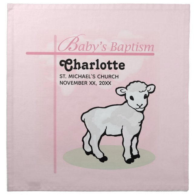 Customizable, Baptism, Pink, Girl, Lamb Napkin (Front)