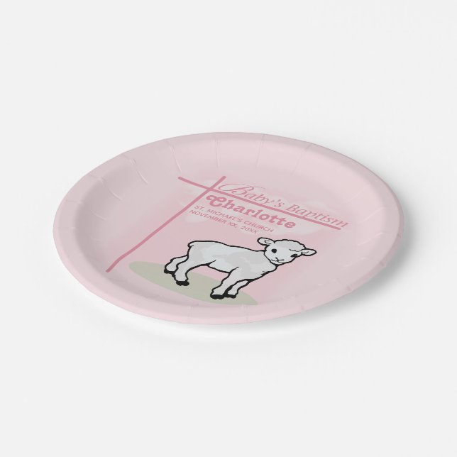 Customizable, Baptism, Pink, Girl, Lamb Paper Plates (Angled)
