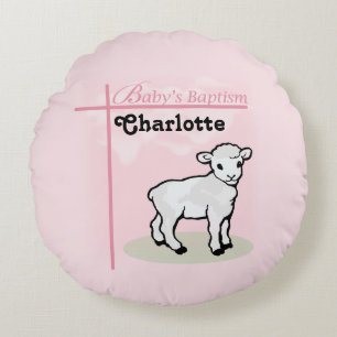 Customizable, Baptism, Pink, Girl, Lamb Round Pillow