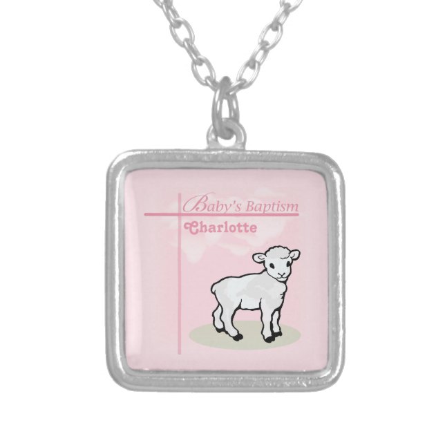 Customizable, Baptism, Pink, Girl, Lamb Silver Plated Necklace (Front)