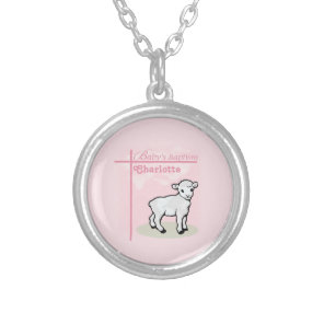 Customizable, Baptism, Pink, Girl, Lamb Silver Plated Necklace