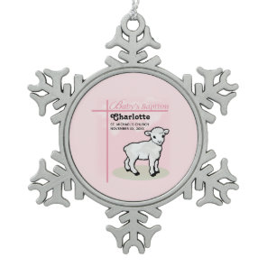 Customizable, Baptism, Pink, Girl, Lamb Snowflake Pewter Christmas Ornament