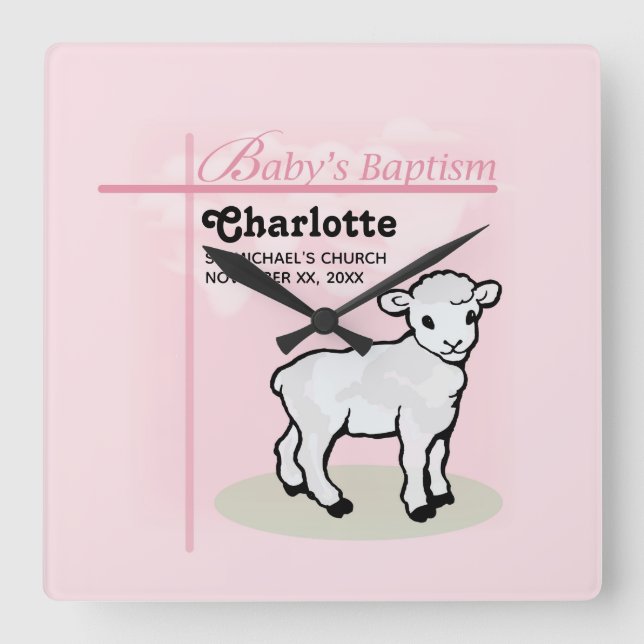 Customizable, Baptism, Pink, Girl, Lamb Square Wall Clock (Front)