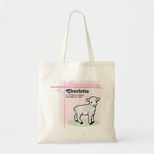 Customizable, Baptism, Pink, Girl, Lamb Tote Bag (Front)