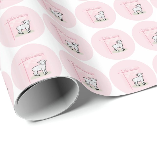 Customizable, Baptism, Pink, Girl, Lamb Wrapping Paper (Roll Corner)