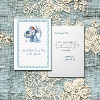 Customizable Baptism With Angel and Baby Boy Card