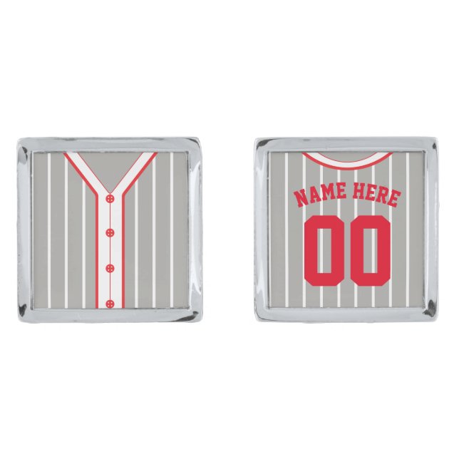 Customizable Baseball Softball Pinstripes Jersey   Silver Cufflinks (Front)