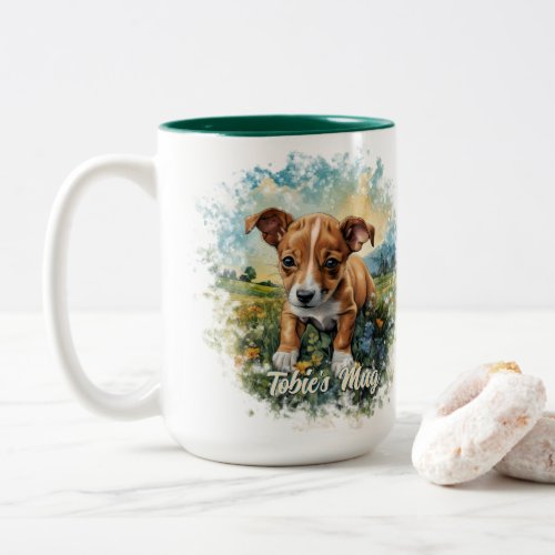 Customizable Basenji Puppy in a flowery Field Two_Tone Coffee Mug