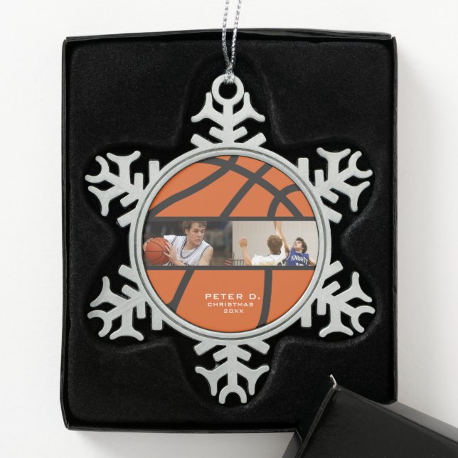 Customizable Basketball Personalized Photo Snowflake Pewter Christmas Ornament (Box)