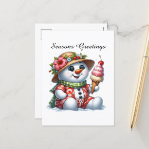 customizable beach Snowman Seasons Greetings Holiday Postcard
