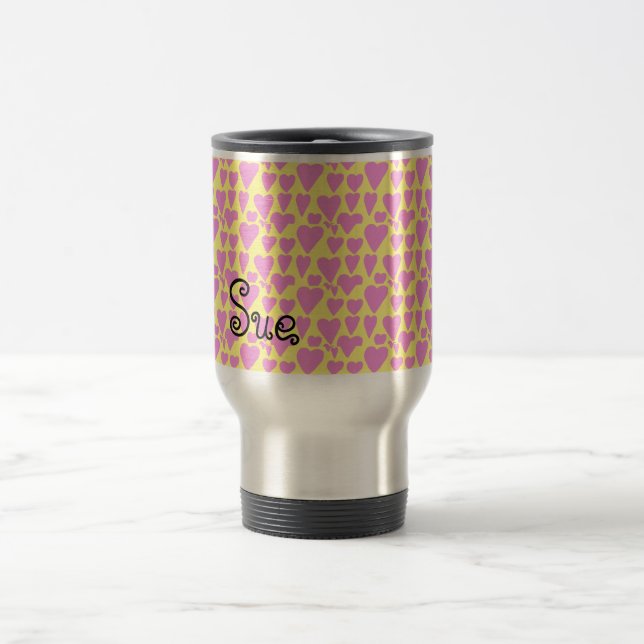 Customizable Beautiful Pink Hearts Repeat Pattern Travel Mug (Center)