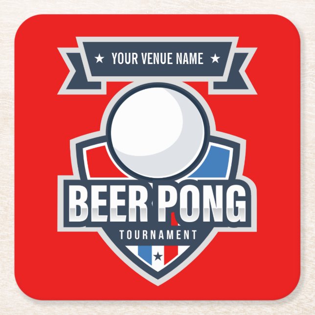 Customizable Beer Pong Tournament Logo Square Paper Coaster (Front)
