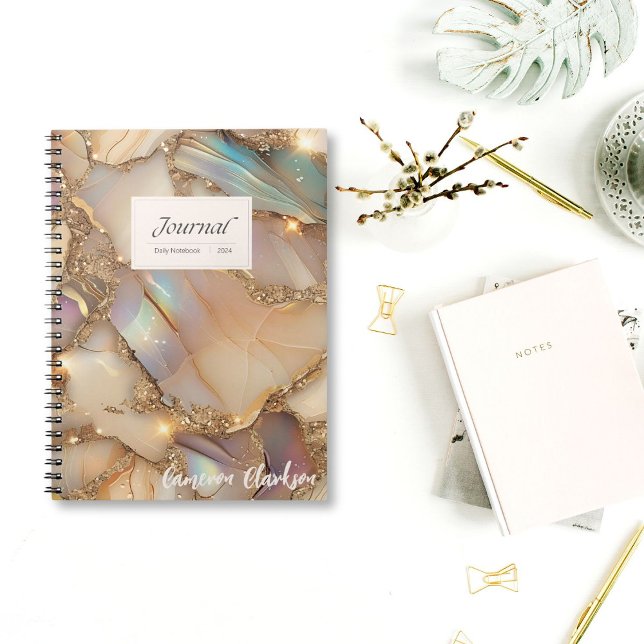 Customizable Beige Holographic Alcohol Ink Daily Notebook (Turn every page with a sparkle! Personalize your Beige & Gold Holographic Notebook today.)