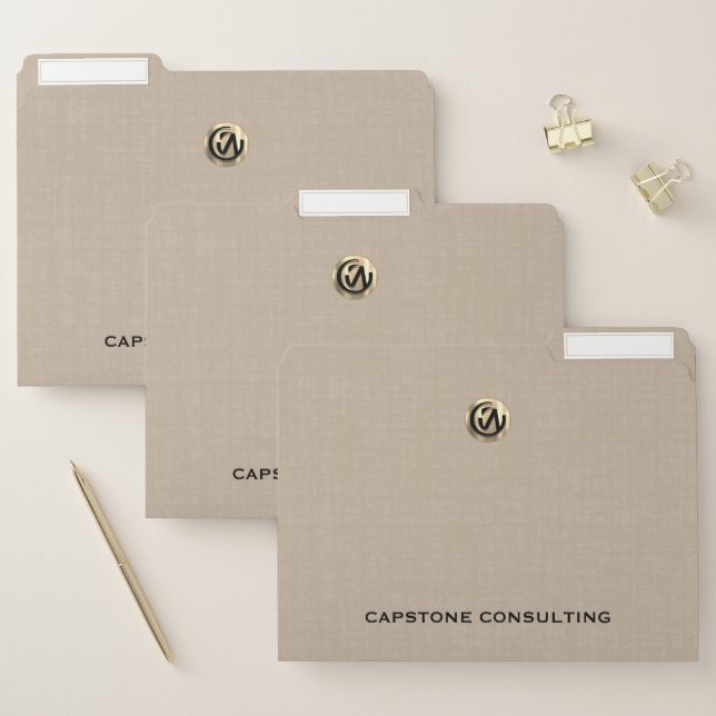 Customizable Beige Linen File Folders Gold Logo (Set)